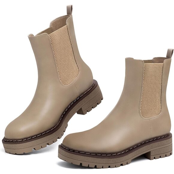 Athlefit Women Khaki Chelsea Wedge Platform Slip on Lug Sole Elastic Ankle Boot - Picture 5 of 6